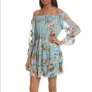 Alice + Olivia Waylon Off The Shoulder Aqua Blue Floral Print Silk Blend Dress